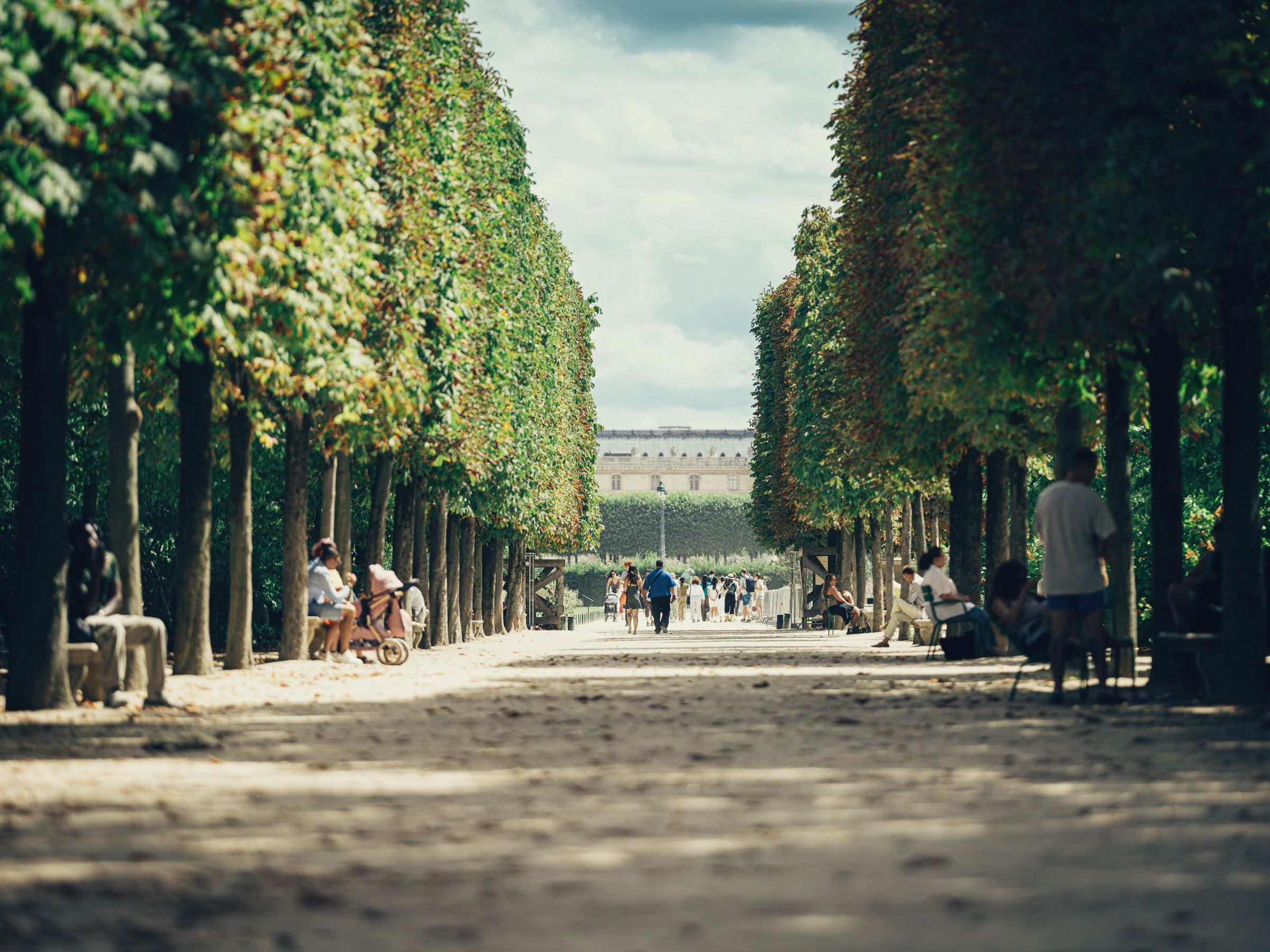 A wide gravel avenue between clipped trees, a few people walking far off.